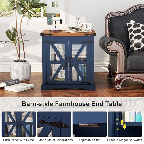 Yusong-Farmhouse-End-Table-with-Charging-Station-24-Large-Sofa-Side-Table-with-Glass-Barn-Door-Blue-Nightstand-with-Adjustable-Storage-Shelf-Rustic-Wood-Bedside-Table-for-Living-Room-Bedroom Yusong Farmhouse End Table with Charging Station 24 Large Sofa Side Table with Glass Barn Door Blue Nightstand with Adjustable Storage Shelf Rustic Wood Bedside Table for Living Room Bedroom