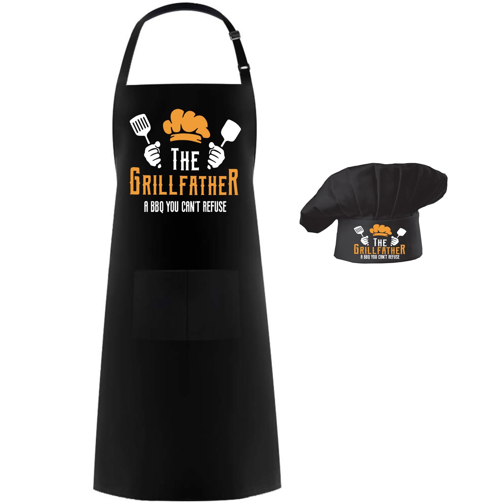 HyzrzChef Apron Hat Set,Adjustable Chef Hat and Apron Baker Costume with Pocket for Kitchen Grill BBQ Fathers Mothers Gift