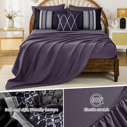Image of Dintszyayue Purple Comforter Set Queen Size, 8 Pieces Boho Striped Bed in a Bag Soft Microfiber Bedding Set for All Season