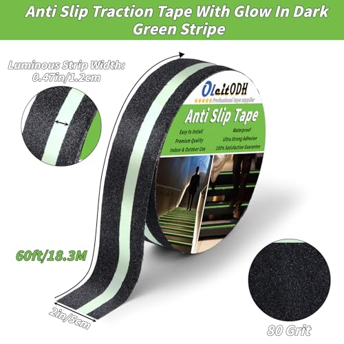 Image of Oleitodh Anti-Slip Traction Tape, 2In x 60Ft, Glow-in-Dark Green Stripe | High traction non-skid surface, waterproof & abrasive. Ideal for stairs, ramps, skateboards. Outdoors & indoors.