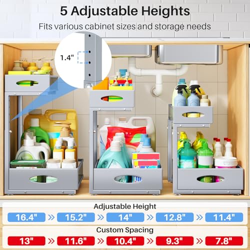 Image of Under Sink Organizer, 2 Pack 2 Tier Pull Out Under Cabinet Organizer Shelf with Pad for Framed Cabinets, Metal Slide Out Under Sink Storage, Mesh Sliding Drawers for Kitchen Bathroom Laundry, Grey