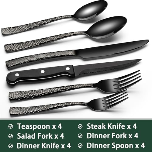 Image of EWFEN 24-Piece Black Silverware Set with Steak Knives, Black Flatware Set for 4, Food-Grade Stainless Steel Tableware Cutlery Set, Mirror Finished Utensil Sets for Home Restaurant, Wave Hammered