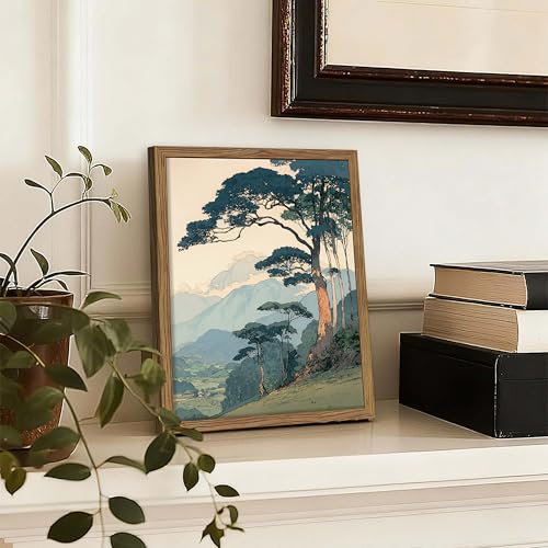 Image of Vintage Japanese Forest Framed Canvas Wall Art - Tranquil Mountain Landscape Painting Print, Retro Nature Tree Scene Decor for Living Room Bedroom Nursery Office Home 8x10 inch