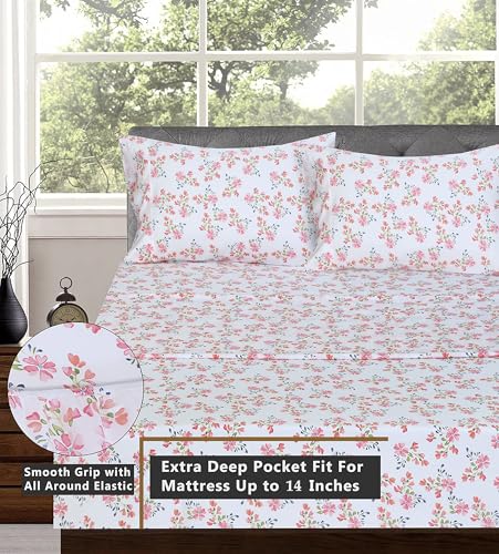 Image of RUVANTI 100% Cotton Percale Sheets California King Size, Bloomex | Crisp Cooling, Deep Pocket 14 inch, Soft Breathable & Durable, Hotel-Style, 4 Piece Set