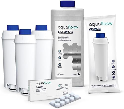 Aquafloow Kit d'Entretien pour Machine à Café 3x Filtres à Eau pour Machines à Café Delonghi & 1l Détartrant Universel Liquide & Pastilles de Nettoyage 10x2g | Filtre de Rechange pour DeLonghi SER3017