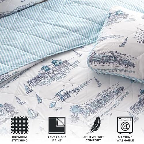 Full / Queen Coastal Quilt Bedding Set, Summer Coastal Quilt With Shams, Beach 3-Piece Reversible All Season Bedspread Quilt Set. Lightweight Nautical Quilted Coverlet. Cape Elizabeth Collection, Blue #TOP1