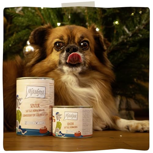 MjAMjAM - Premium Nassfutter für Hunde - Senior - saftiges Hühnchen an schmackhaften Süßkartoffeln, 6er Pack (6x200g), getreidefrei