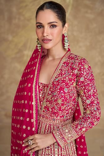 Image of Miss Ethnik Women's Pink Chinon Stitched Gown with Dupatta Full Sleeve Embroidered Anarkali Gown (ME-1275)