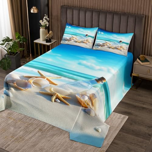 jejeloiu Kids Beach Coastal Coverlet Set King Size Ocean Bedspread for Boys Girls Teens Room Decor Shell Starfish Hawaiian Beach Marine Life Sea Quilted Coverlet