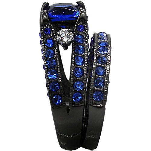 Black Blue Princess Cut Cubic Zirconia Wedding Ring Set3
