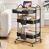 SNTD 3 Tier Utility Rolling Cart with Wheels - Smooth Sliding Drawers, Wooden Tabletop, Hanging Buckets for Kitchen, Art Room, Office, Bathroom (Black)