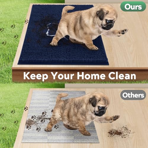 Dog Door Mat for Muddy Paws, Pet Rug Chenille Absorbent Outdoor Doormat 36"x 24", Non Slip Heavy Indoor Doormat Soft Front Inside Doormats for Entryway, Mud Paws, Patio,Dog Paw Navy Blue