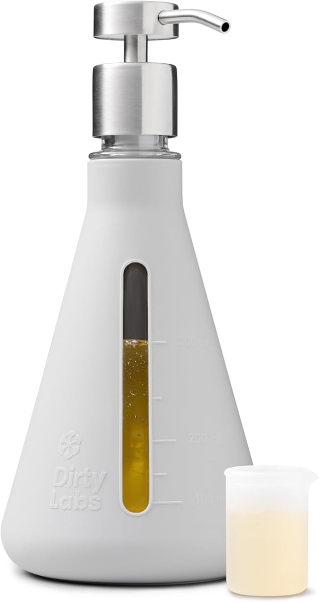 Dirty Labs | Erlenmeyer Glass Detergent Dispenser & Pump | Holds 40 Loads | Machine washable 375 mL glass, for Dirty Labs liquid laundry detergent