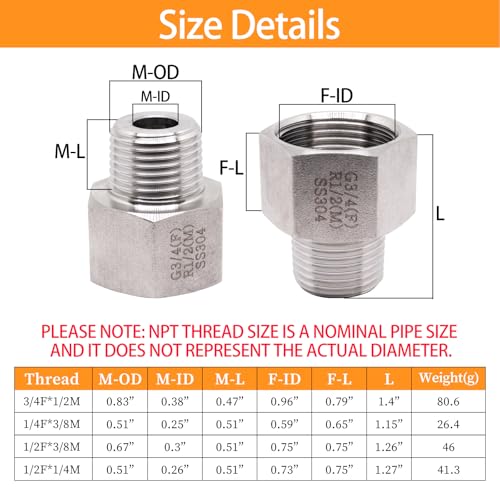 ZHMEINA 1/2 Inch Male to 3/4 Inch Female Reducer Adapter, 304 Stainless Steel Reducing Pipe Connector, 3/4\" NPT Female X 1/2\" NPT Male Reducer Pipe Extension Connector (2Pcs) - Thumbnail 2