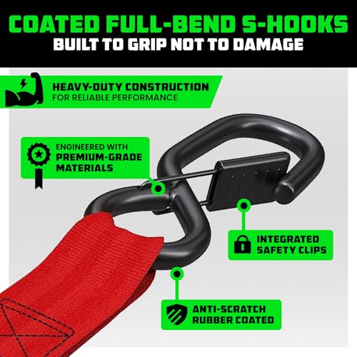 Image of Rhino USA Ratchet Straps Tie Downs (4-Pack) - 1 Inch x 15 Feet (1,823lb Break Strength) - Ultimate Tie Down Straps with Safety S Hooks - for Trucks, Cargo, Moving, Appliances -Red