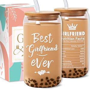 Glass Cup Gifts for Girlfriend 16 oz Best Ever Drinking Cup with Lid and Straw Birthday Mothers Day
