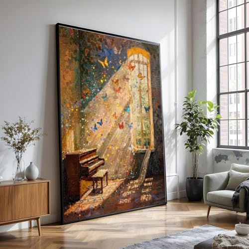 Tableau salle de piano avec papillons cadre bois decoration murale