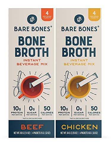 Bare Bones Bone Broth Instant Powdered Beverage Mix, Chicken & Beef, Variety Pack of 8, 4 Chicken & 4 Beef - 15g Sticks, 10g Protein, Keto & Paleo Friendly