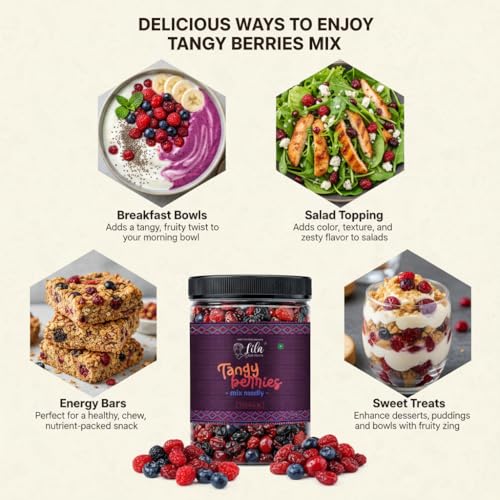 Image of LILA DRY FRUITS Tangy Berries Mix Medley 100 gms - Cranberry, Blueberry, Strawberry, Red Cherries & Black Raisins | Sweet & Tangy Dried Fruit Snack | Healthy Snack Mix Perfect for Gifting