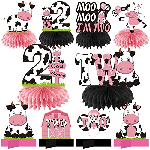 Holy Cow Im Two Birthday Decorations for Girl, Pink Cow 2nd Birthday Honeycomb Centerpiece Party Supplies, Moo Moo I'm Two Cow Themed 2 Year Old Birthday Table Toppers Sign Decor