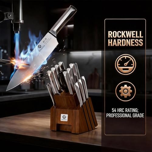Image of imarku Knife Set, Kitchen Knife Set with Block & Sharpener, 16PCS Japanese High Carbon Stainless Steel Ultra Sharp Knife Block Set, Ergonomic Non-Slip Handle, Dishwasher Safe, Perfect Gifts