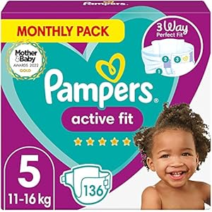 Pampers Baby Nappies Size 5 (11-16 kg/24-35 Lb), Active Fit, 136 Nappies, MONTHLY SAVINGS PACK, Pampers’ Trusted Fit and…