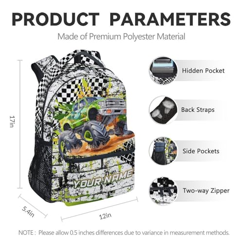 Personalized Students Backpack with Lunch Box, 3PCS Truck School Backpacks Matching Combo for Middle School, Funny Green Bookbag and Pencil Pouch Bundle4