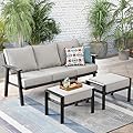 HOOOWOOO Outdoor Patio Seating Furniture Set with 3-Seat Modern Outdoor Wicker Bistro Set Sofa Ottoman Outdoor Couch for All Weather,Beige Cushions