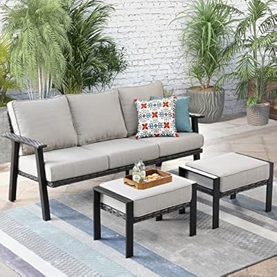HOOOWOOO Outdoor Patio Seating Furniture Set with 3-Seat Modern Outdoor Wicker Bistro Set Sofa Ottoman Outdoor Couch for All Weather,Beige Cushions