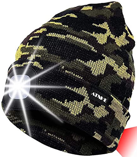 ATNKE 8LED Sombrero de Punto Iluminado, Casquillo de Faro Recargable con Funcionamiento USB Lámpara de luz Ultra Brillante a Prueba de Agua y Alarma Intermitente Luz/Camouflage Green Cover