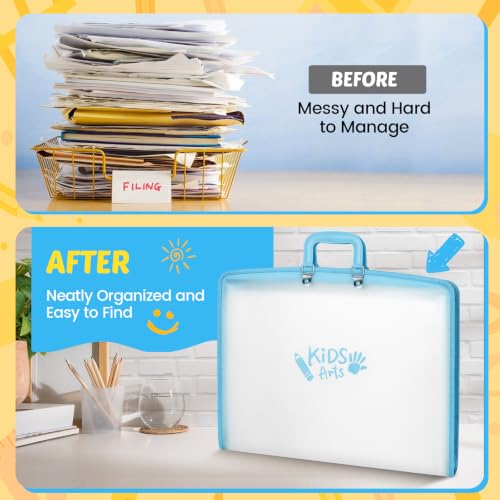 Image of 11x17 Kids Art Portfolio - Accordian File Organizer with 13 Pockets, Art Portfolio for Kids with Handle and Zipper Closure - Oxford Cloth, Frosted Translucent Artwork Folder for Children - Blue