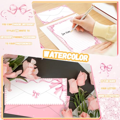 Image of TaoBary 160 Pcs Pink Bow Stationery Paper and Envelopes Set Coquette Lined Stationery Paper 50 Double Sided Pink Papers with 50 Matching Envelopes and 60 Round Dot Sticker for School Students Rewards
