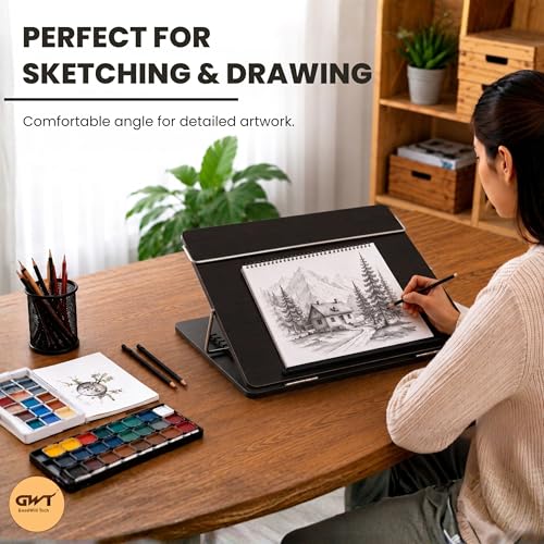 Image of Goodwill Tech Wooden Laptop Desk Table Top with Adjustable Height, Foldable, Writing, Drwaing Desk Stand for Study, Office (Black, 15 x 21 inches)
