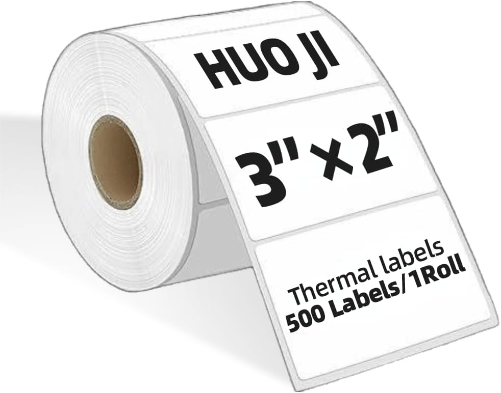 500 3x2 Thermal Labels Roll, HUOJI White Thermal Printer Labels for Shipping, Barcode, and Packaging, Compatible with Rollo, Zebra, Munbyn Printers(Commercial Grade Stickers)