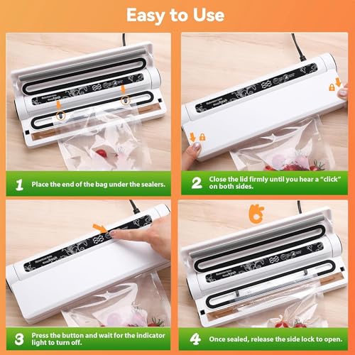 Image of Food Saver Vacuum Sealer Machine, 75KPA Strong Suction for Dry /Wet Foods, Digital Countdown Timer, Compact Design with LED Lights, Includes 20 Vacuum Seal Bags, Ideal for Home Kitchen Use