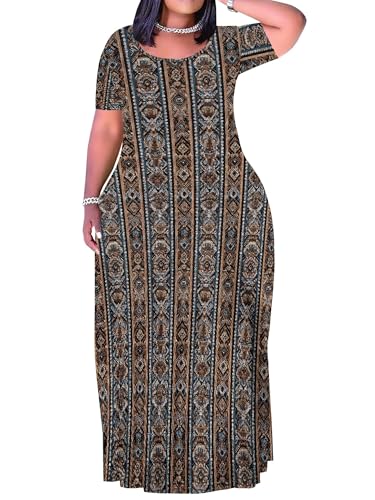 Image of PinkPatty Plus Size Maxi Dress for Curvy Women Crew Neck Long Sleeves Casual Dress Vacation Sundresses with Pockets