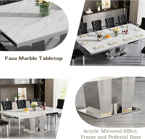 Image of 9-Piece Extendable Dining Table Set for 8, 63 inch-94 inch White Faux Marble Expandable Kitchen Table Set with 8 Black Velvet Chairs,Large Extendable Dining Room Tables with Mirrored Columnar Base