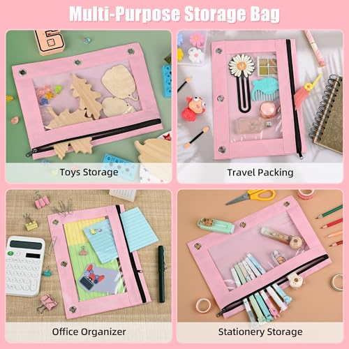 Image of Lanpn Pencil Pouch for 3 Ring Binder 6 Pack, Pink Binder Pen Bags with Zipper, Cute 3 Holes Pencil Pouches Organizer for Boy Girl Kids School Student, Reinforced Grommets & Clear Window