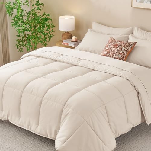 JOLLYVOGUE Queen Comforter Set, Ultra-Soft Bed in a Bag Queen Size 7 Pieces, Oeko-TEX Certified Bedding Set with Down Alternative Comforter, Sheets, Pillowcases & Shams, Beige