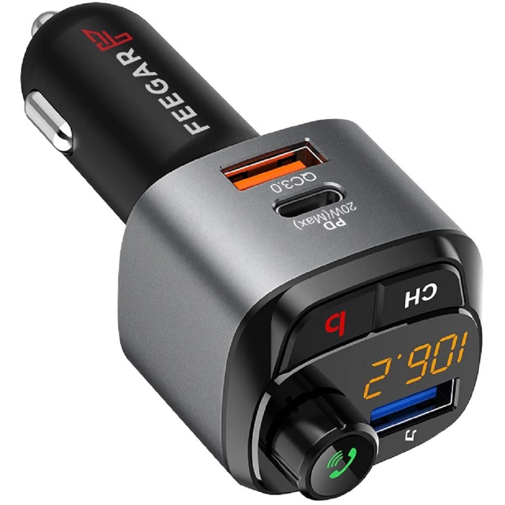 Feegar Q100 Pro Transmiter FM Bluetooth 5.0 zestaw głośnomówiący QC3.0 MP3 LED Ładowarka samochodowa USB 38W Mikrofon HD Przycisk B (Bass Boost Surround Effect) Typ C PD 3.0 / 4.0 Siri Assistant Pokazuje stan napięcie w aucie