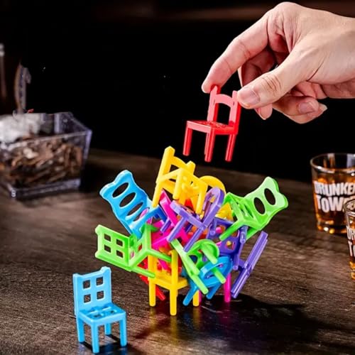 Image of Go Hooked Drunken Tower Stacking Chairs Game Set with 18 Mini Stools & 4 Shot Glasses - Fun Party Drinking Game for Adults, House Parties, Bars, College Nights & Festive Gatherings