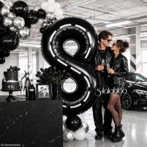 Image of Race Car 40 Inch Black 8 Big Large Helium Balloon Number 0-9 | Track Giant Digital 8th Foil Mylar Party Balloons for Men Birthday Car Theme Party Anniversary Graduation Decorations