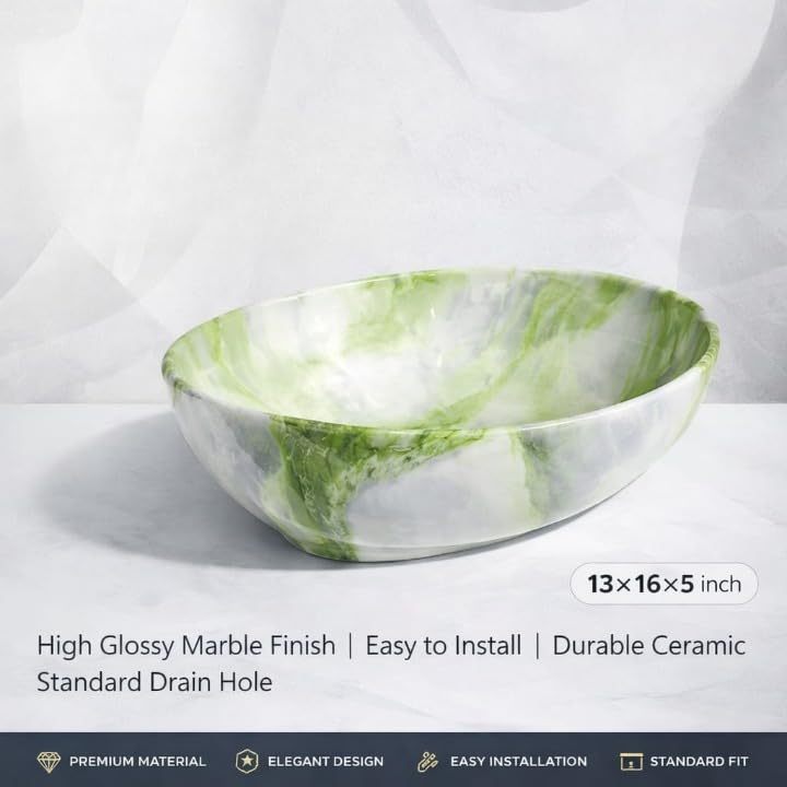 Image of Ceramic Tabletop Wash Basin - Glossy Bowl Shape Countertop Vessel Sink with Marble Finish for Bathroom & Vanity | Compact 16 x 13 x 5 Inch | Elegant Washbasin