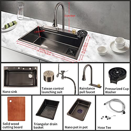 Pehohe Waterfall Kitchen Sink Set 304 Stainless Steel Nano Sink Home Sink Vegetable Basin With Pull-Out Faucet,Add Pressurized Sink Glass Rinser #TOP5