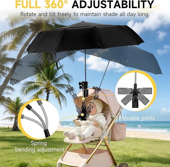 Parasol do Leżaka z Uniwersalnym Regulowanym Uchwytem, Ochrona UV 50+, Przenośny Parasol z Klipsem do Krzesła Kempingowego, Plażowego, Wózka Dziecięcego, Wózka Golfowego i Składanego