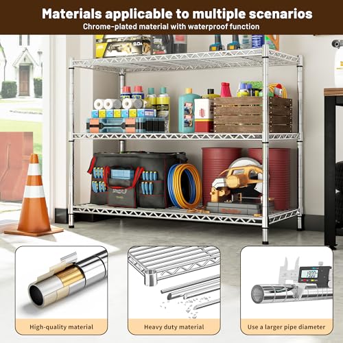 Image of 3- Shelf Metal Shelving Unit 35.6Wx14Dx36H,Adjustable Storage Shelves Heavy Duty Garage Steel Shelving for Office,Wire Rack Small Shelf for Kitchen Shelves Laundry Bathroom Pantry Closet,Chrome,2pc