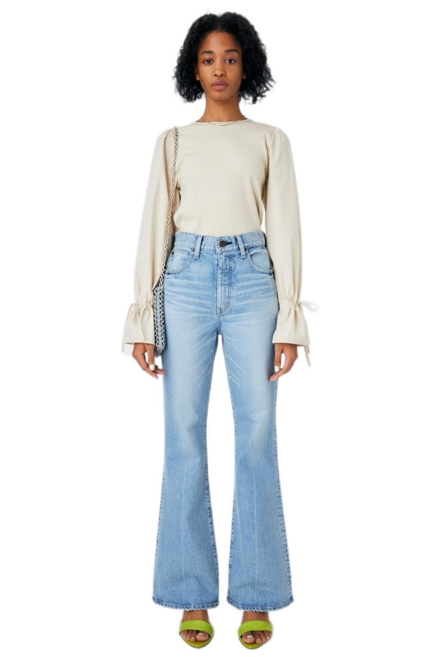 【美品✨】MOUSSY マウジー MVS フレアデニム 24 BLUE 革パッチ 美品✨】MOUSSY マウジー MVS フレアデニム 24 BLUE 革パッチ