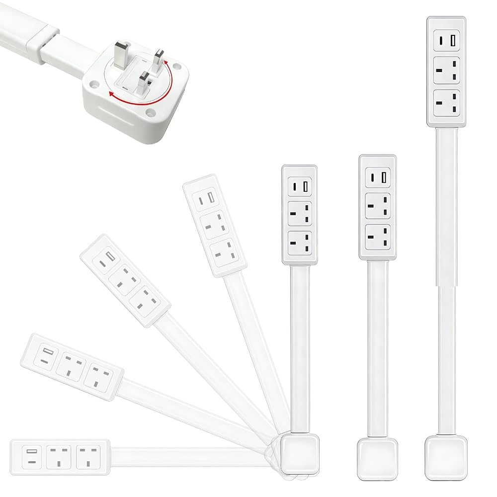Rppiup Expandable Rotary Socket, Extension Socket Features USB-A USB-C & 2 AC Outlets, Outlet Extender UK, Hard-to-Reach Outlets in Narrow Places, Extends 17"-27" Rotates 180° Plug Extension Plug