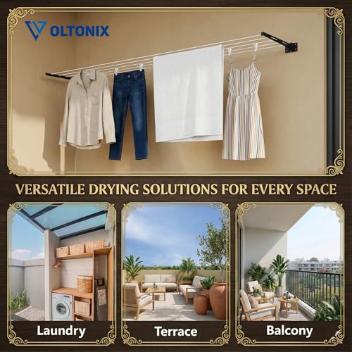 Image of Metal Foldable Wall Mount Cloth Drying Stand with 30 Feet Rope, Space Saving, Wall Mounted, for Balcony and Indoor Use (Black)