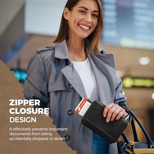 VULKIT Leather Passport Holder for 4-8 Passports Family Passport Wallet with Zipper Travel Documents Organizer for Men or Women(Black)4